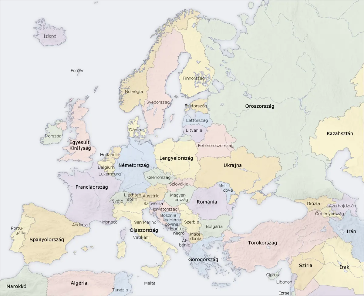 Európa országainak térképe magyar feliratokkal